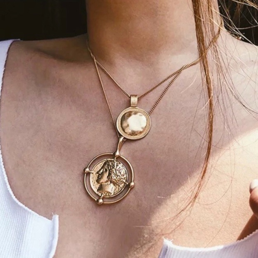 18K Gold Coin Pendant Vintage Double ChainNecklace